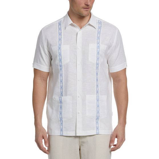 Men's Contrast Embroidered Panel Button-Down Guayabera Shirt