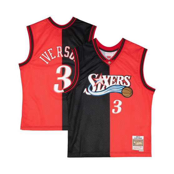 Men's Allen Iverson Black, Red Philadelphia 76ers Hardwood Classics 2000-01 Split Swingman Jersey