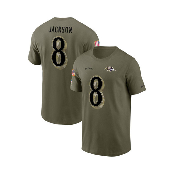 Men's Lamar Jackson Olive Baltimore Ravens 2022 Salute To Service Name and Number T-shirt