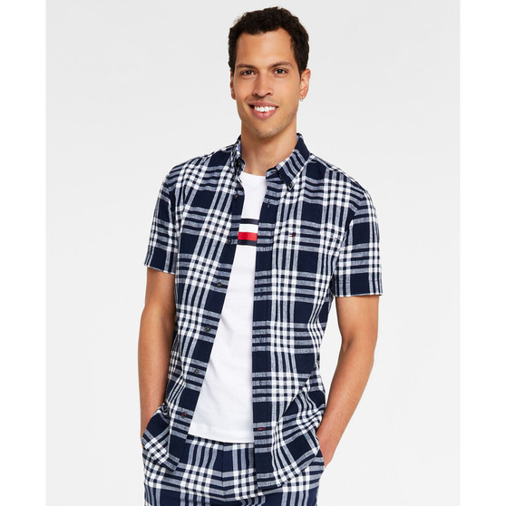 Men's Breeze Plaid Linen Blend Regular Fit Short-Sleeve Shirt