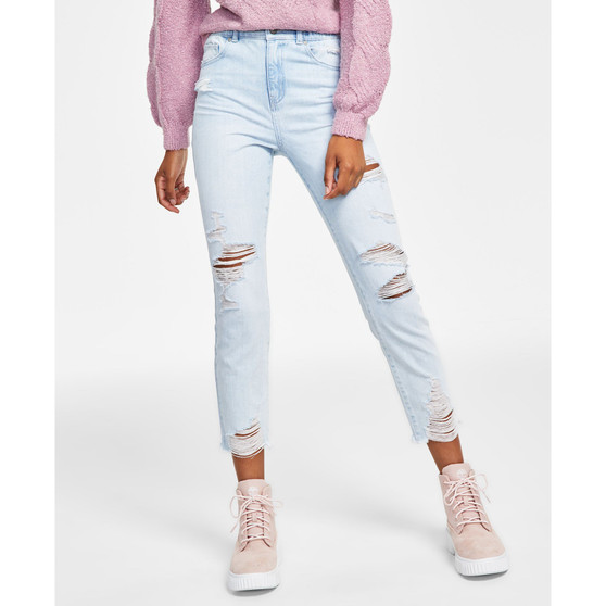 Juniors' Destructed Frayed-Hem High-Rise Mom Jeans