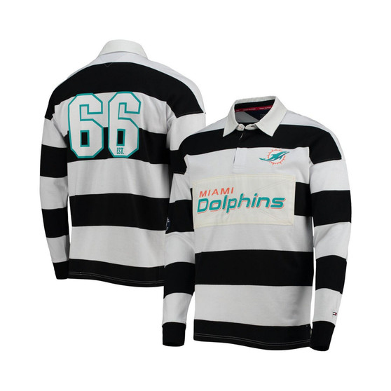 Men's Black, White Miami Dolphins Varsity Stripe Rugby Long Sleeve Polo Shirt