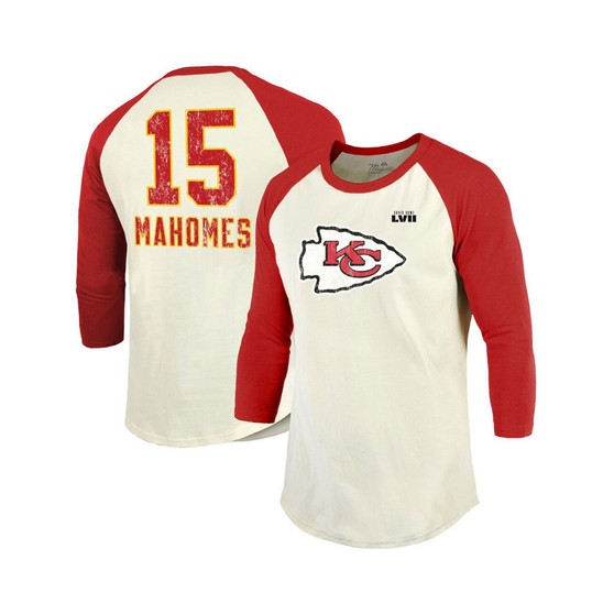 Men's Threads Patrick Mahomes Cream, Red Kansas City Chiefs Super Bowl LVII Name and Number Raglan 3/4-Sleeve T-shirt