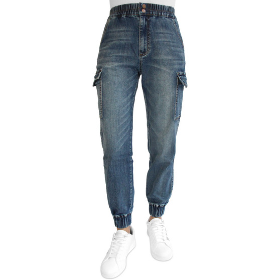 Juniors' Mid Rise Two Button Fly Cargo Jogger Jeans
