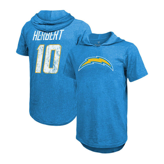 Men's Fanatics Justin Herbert Powder Blue Los Angeles Chargers Player Name and Number Tri-Blend Hoodie T-shirt