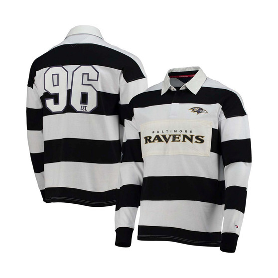 Men's Black and White Baltimore Ravens Varsity Stripe Rugby Long Sleeve Polo Shirt