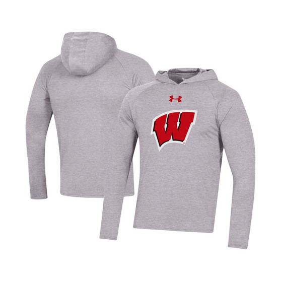 Men's Heather Gray Wisconsin Badgers School Logo Raglan Long Sleeve Hoodie Performance T-shirt