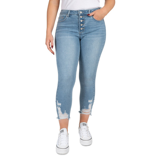 Juniors' Mid Rise Button Fly Distressed Cropped Curvy Jeans
