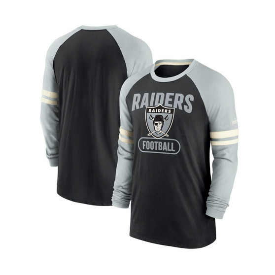 Men's Black and Silver-Tone Las Vegas Raiders Throwback Raglan Long Sleeve T-shirt