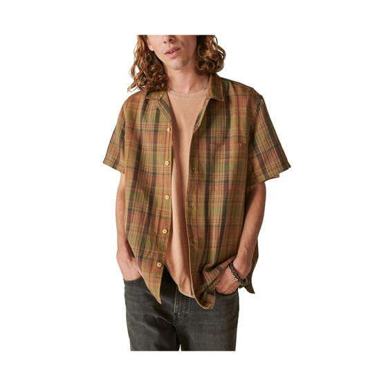 Men's Linen Madras Plaid Short Sleeves Camp Collar Shirt