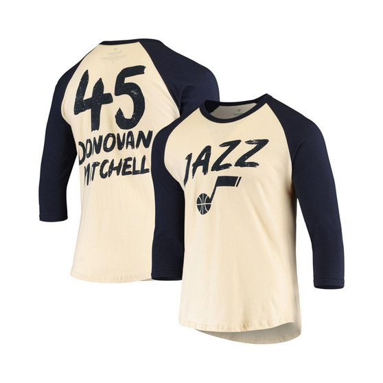 Men's Donovan Mitchell Cream, Navy Utah Jazz Raglan 3/4 Sleeve T-shirt