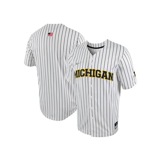 Men's White, Navy Michigan Wolverines Pinstripe Replica Full-Button Baseball Jersey