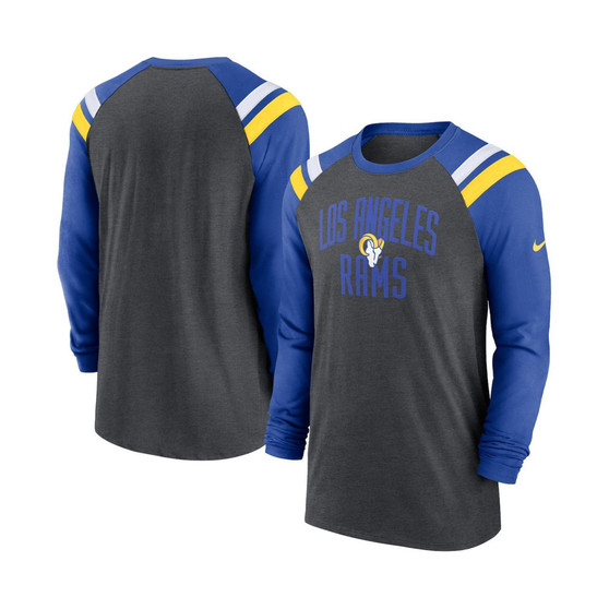 Men's Heathered Charcoal, Royal Los Angeles Rams Tri-Blend Raglan Athletic Long Sleeve Fashion T-shirt
