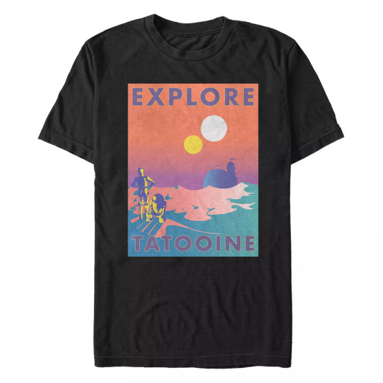 Men's Star Wars Explore Tatooine Faded Retro C-3PO R2-D2 Poster Short Sleeve T-shirt