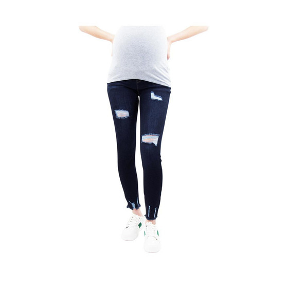 Dark Wash Skinny Distressed Maternity Jean with Belly Band