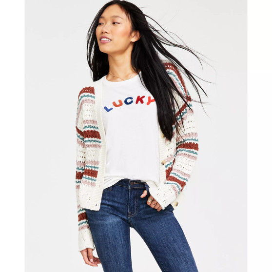 Women's Striped Button-Front Knit Cardigan