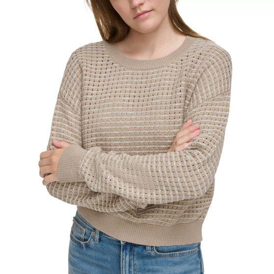 Women's Open-Stitch Long-Sleeve Crewneck Sweater