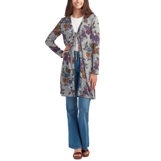 Juniors' Printed Tie-Front Duster Sweater