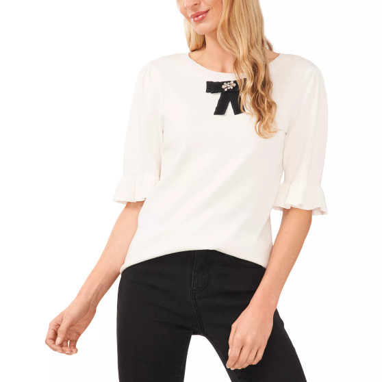 Women's Cotton Bow Elbow-Sleeve Crew Neck Sweater