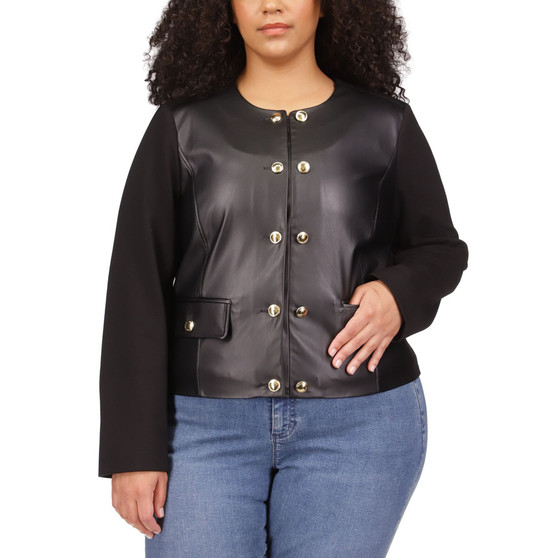 Plus Size Faux Leather Button Jacket