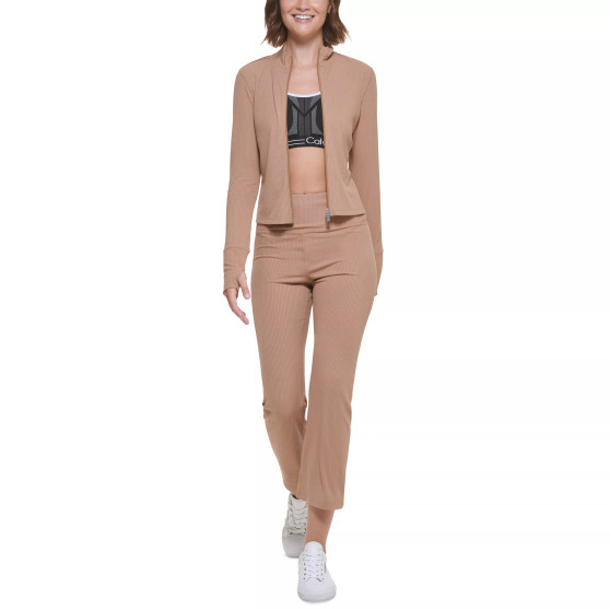 Women's Ribbed Cropped Mock-Neck Zip-Up Jacket With Thumb Slits