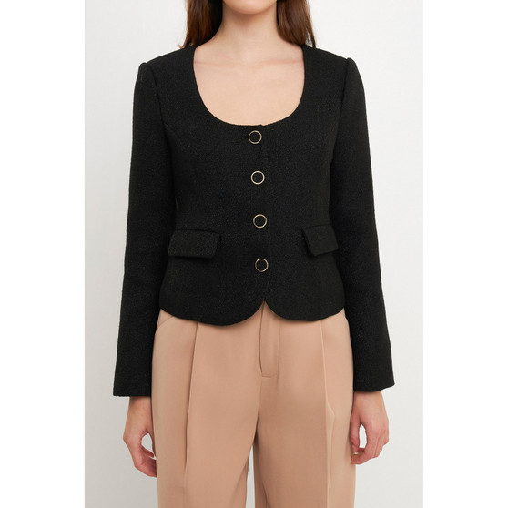 Women's Solid Tweed Scooped Neck Jacket