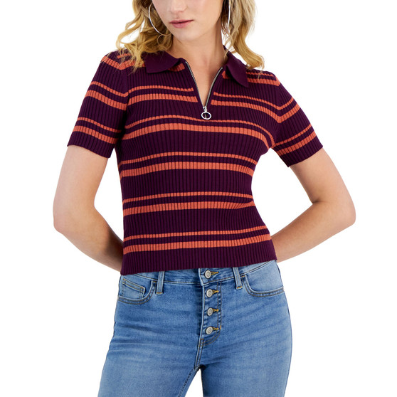 Juniors' Stripe-Print Ribbed Polo Sweater