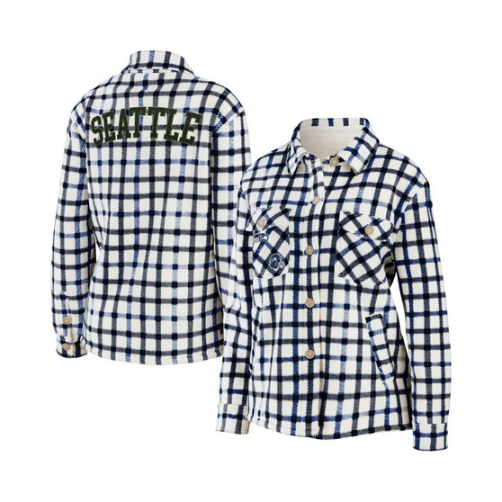 Women's Oatmeal and College Navy Seattle Seahawks Plaid Button-Up Shirt Jacket