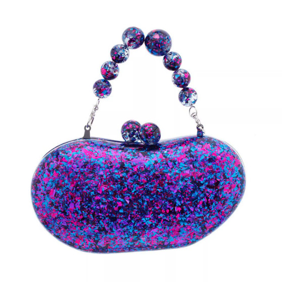 Printed Acrylic Minaudiere with Beaded Handle Clutch