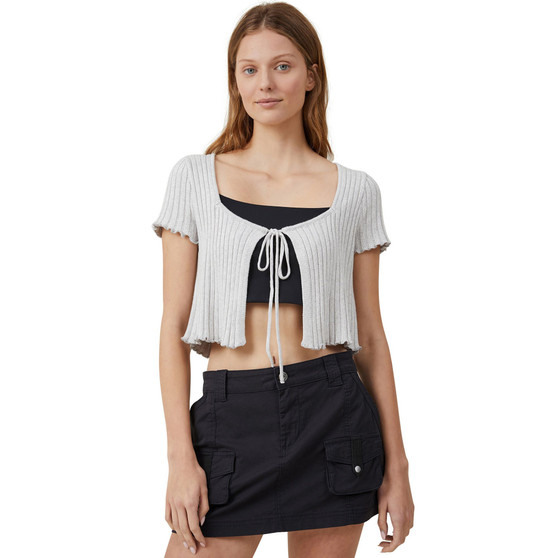 Women's Rib Tie Front Short Sleeve Cardigan Sweater