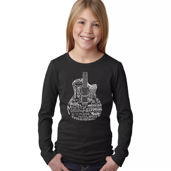Big Girl's Word Art Long Sleeve T-Shirt - Languages Guitar