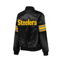Women's Black Pittsburgh Steelers Line Up Satin Full-Snap Varsity Jacket
