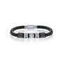 Mens Stainless Steel Two-Tone w/ Black CZ Genuine Leather Bracelet
