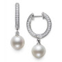 Cultured Freshwater Pearl (7mm) & Cubic Zirconia Dangle Huggie Hoop Earrings in Sterling Silver, Created for Macy's