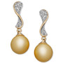 14k Gold Earrings, Cultured Golden South Sea Pearl (10mm) and Diamond (1/4 ct. t.w.) Wave Earrings