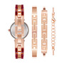 Women's Rose Gold-Tone Alloy Bracelet with Burgundy Enamel and Crystal Accents Fashion Watch 34mm Set 4 Pieces