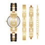 Women's Gold-Tone Alloy Bracelet with Black Enamel and Crystal Accents Fashion Watch 34mm Set 4 Pieces