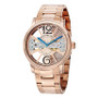 Stainless Steel Rose Tone Case on Link Bracelet, Rose Tone Skeletonized Dial with Exposed Bridge Movement, with Blue and Black Accents