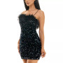 Juniors' Feather-Trim Sequined Velvet Halter Dress