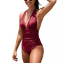 Women's V Neck One Piece Swimsuit Halter Backless Ruched Tummy Control Bathing Suit