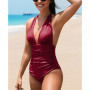 Women's V Neck One Piece Swimsuit Halter Backless Ruched Tummy Control Bathing Suit