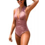 Women's V Neck One Piece Swimsuit Halter Backless Ruched Tummy Control Bathing Suit