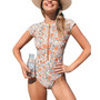 Women's Short Sleeve Rash Guard Zipper Front One Piece Swimsuit