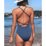 Women's Solid Color V Neck Lace Up One Piece Swimsuit