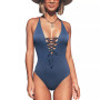 Women's Solid Color V Neck Lace Up One Piece Swimsuit