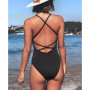 Women's Solid Color V Neck Lace Up One Piece Swimsuit