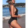 Women's Solid Color V Neck Lace Up One Piece Swimsuit