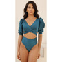 Napoli One Piece Swimsuit - Puff Sleeves Top - High-cut  Scrunch Bottom - Teal Blue
