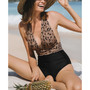 Women's Cheetah Plunge Halter Shirred One Piece Swimsuit