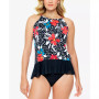 Women's High Neck Mesh Hem Tankini Top & Bottoms